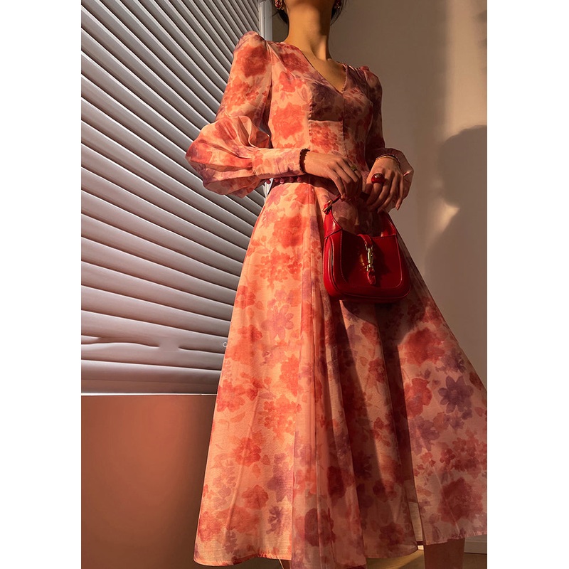 Vogue V Neck Zippered Print Nail Bead Silk Maxi Dresses Long Sleeve