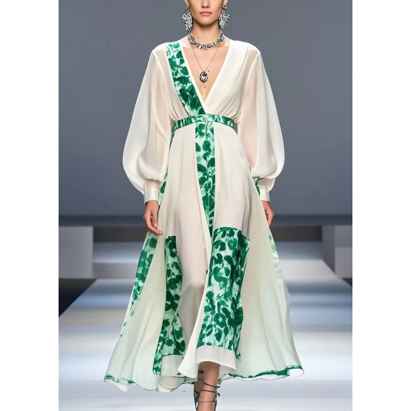 White Patchwork Silk Dresses V Neck Exra Large Hem Fall