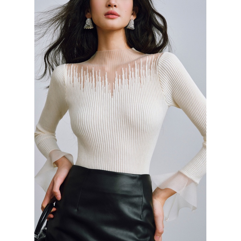 White Solid Tulle Patchwork Knitting Cotton Top Flare Sleeve