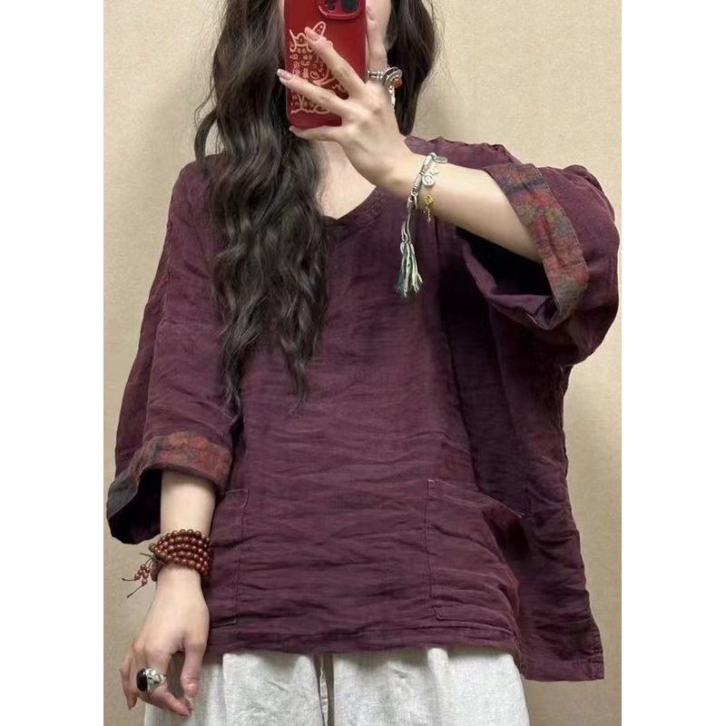 Wine Red Pockets Side Open Linen T Shirts V Neck Spring