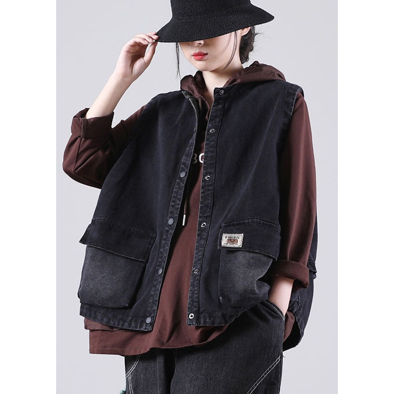 Women Black Stand Collar Pockets Button Fall Sleeveless Waistcoat