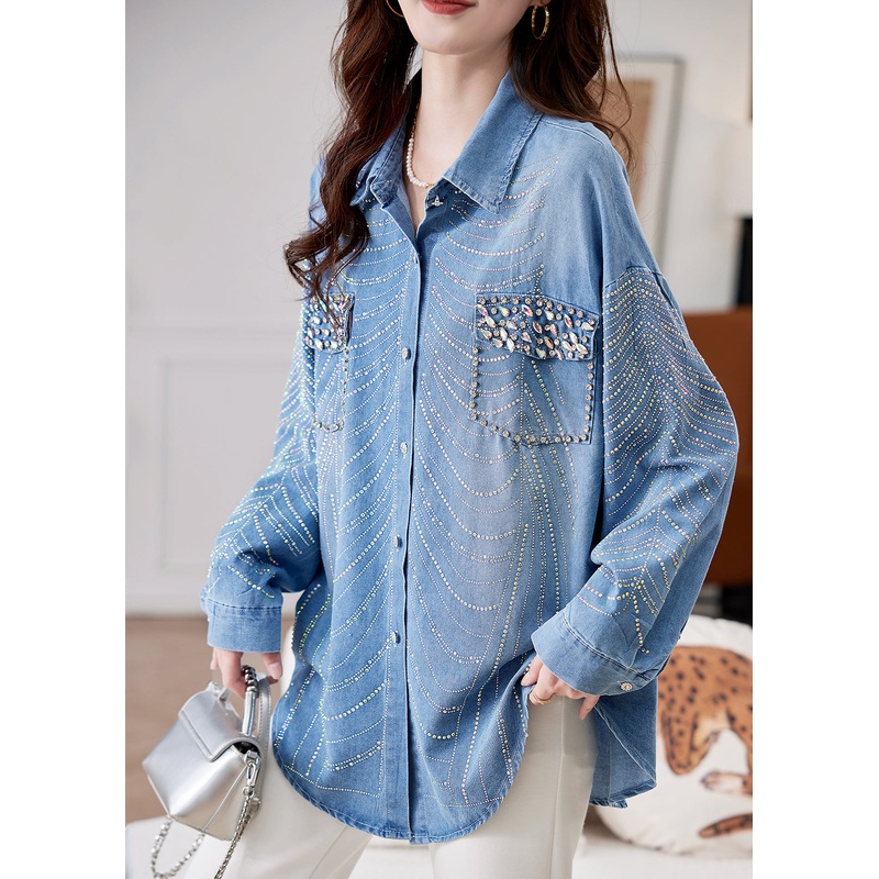 Women Blue Nail Bead Zircon Button Denim Shirts Spring