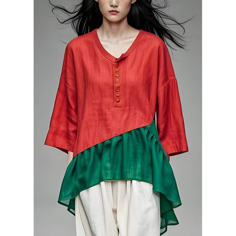 Women Colorblock Low High Design Cotton Top Bracelet Sleeve