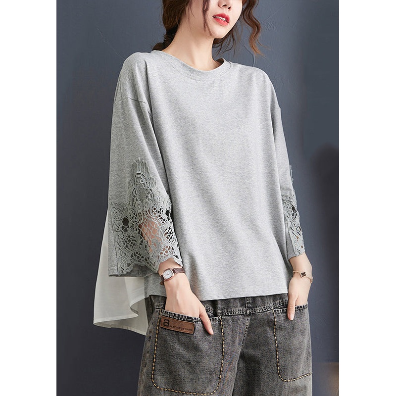 Women Grey Ruffled Lace Patchwork Cotton Tops Spring