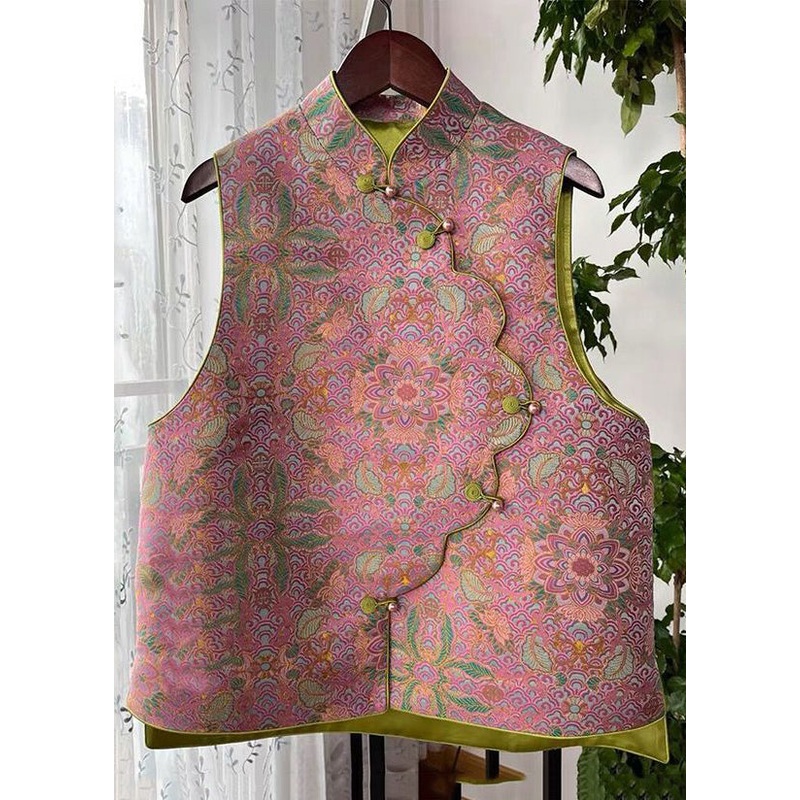 Women Pink Asymmetrical Button Print Cotton Waistcoat Sleeveless