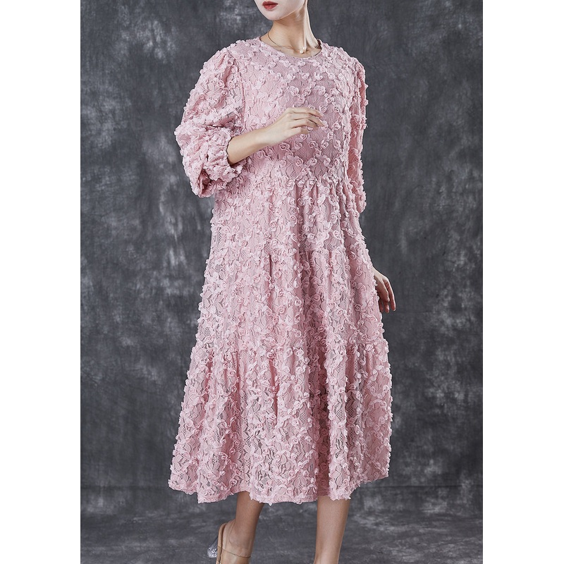 Women Pink Stereoscopic Floral Silk Vacation Dresses Spring