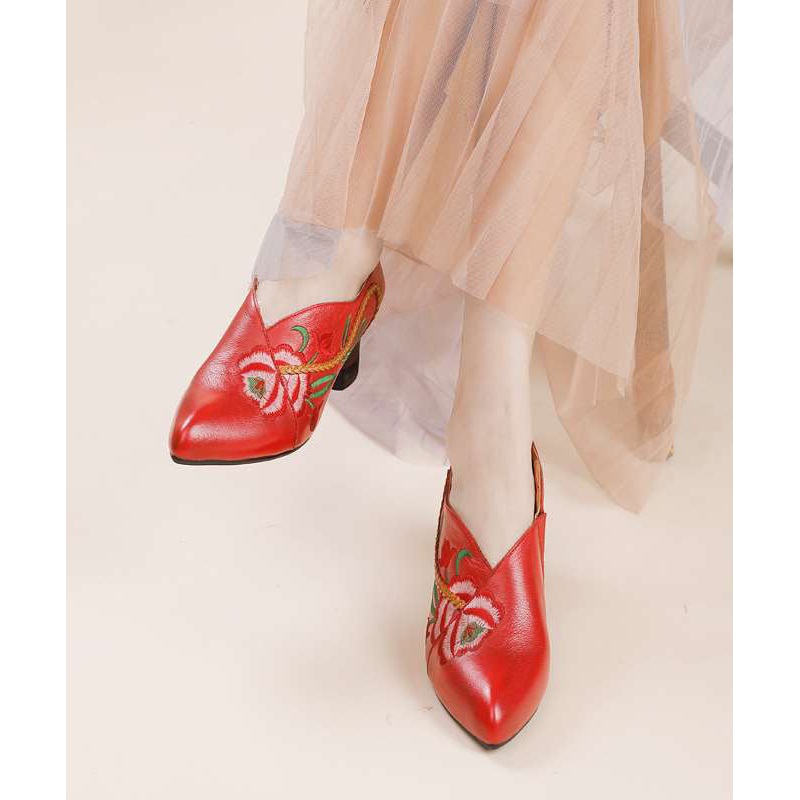 Women Red Cowhide Leather Embossed Splicing High Heels