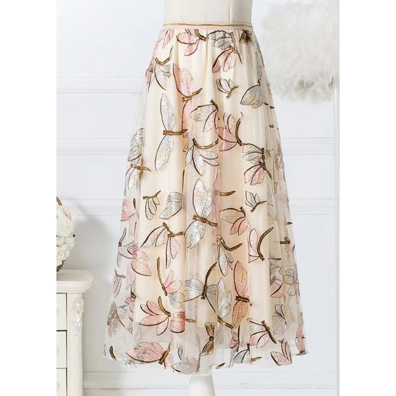 Apricot Butterfly Chic High Waist Tulle Skirts Embroidered Spring