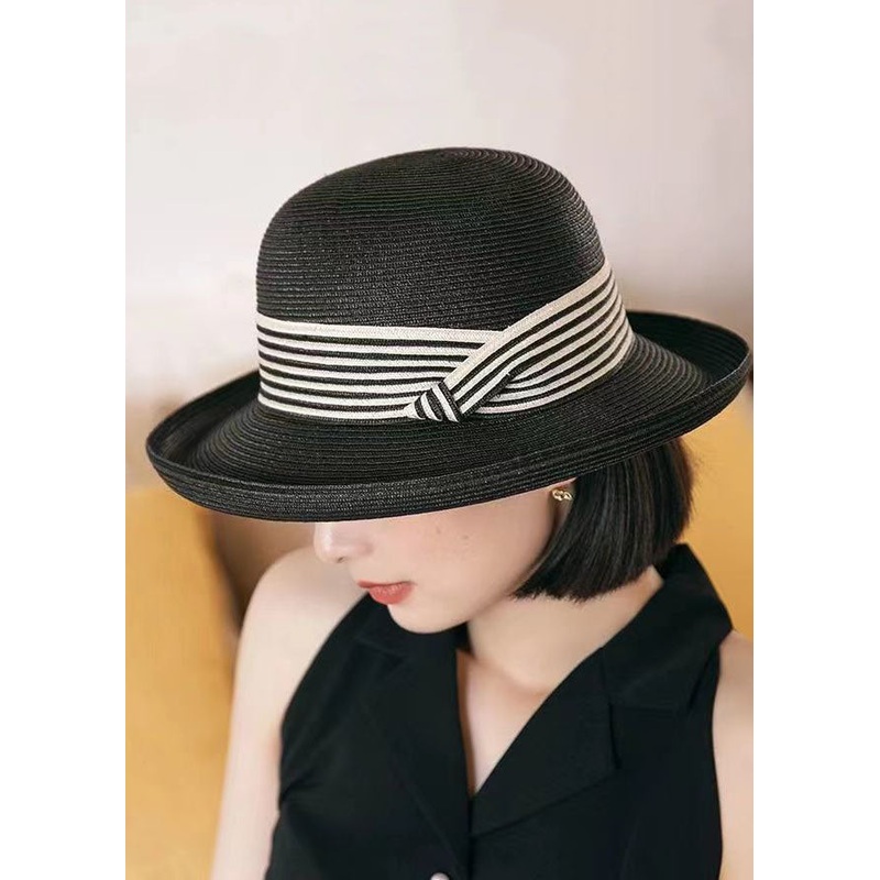 Art Black Striped Patchwork Straw Woven Floppy Sun Hat