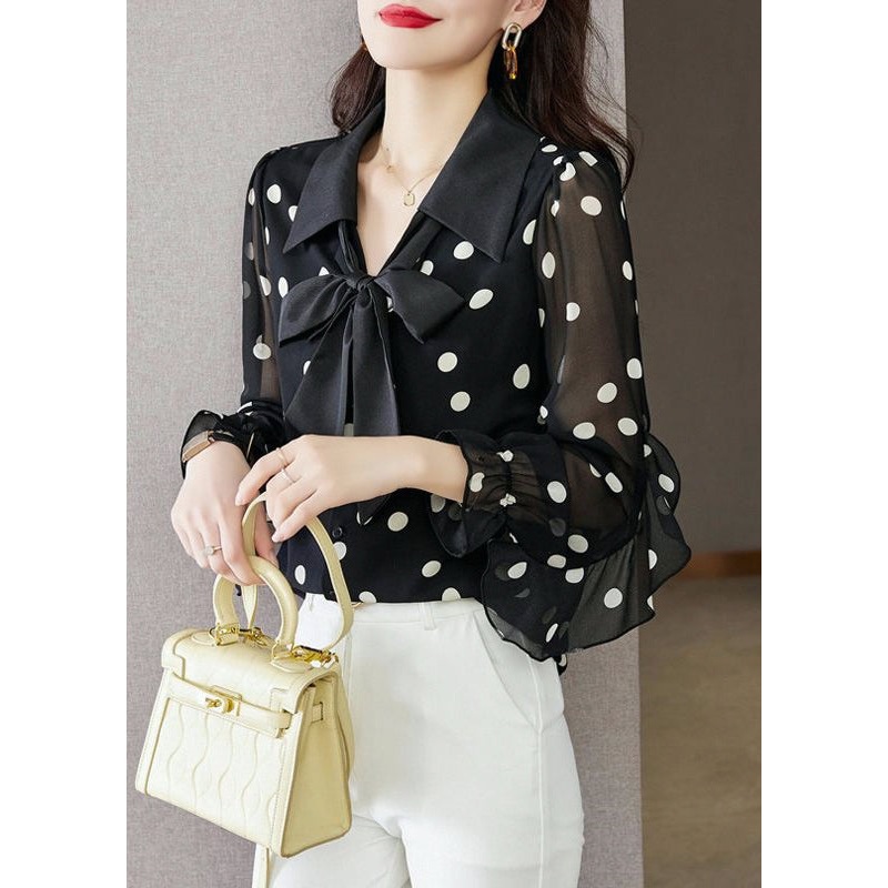 Beautiful Black Ruffled Dot Print Chiffon Shirts Spring