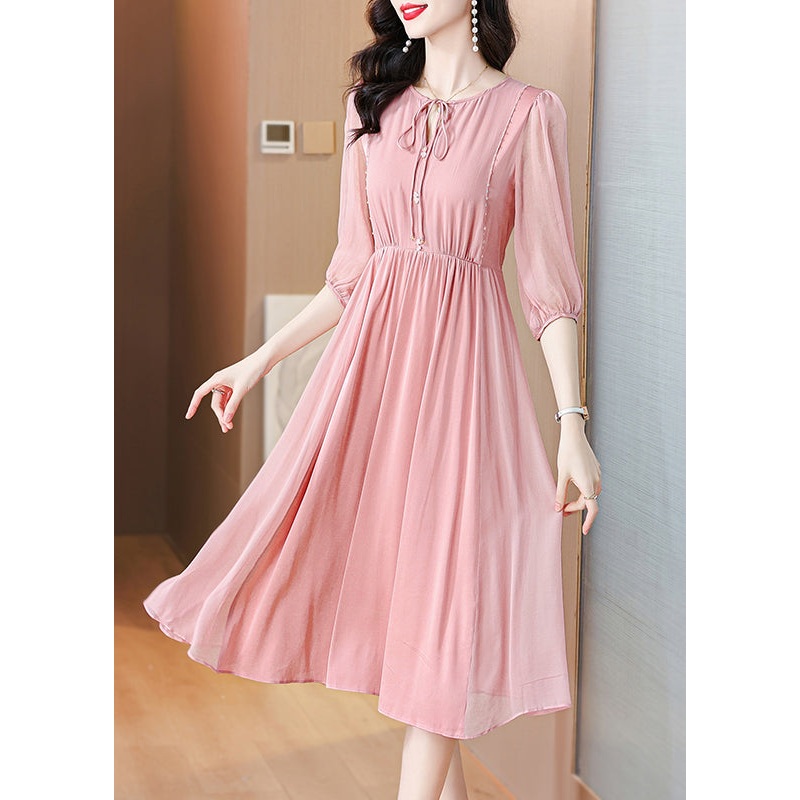 Beautiful Pink Lace Up Wrinkled Chiffon Dress Summer