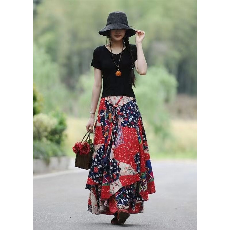 Beautiful Red Asymmetrical Print Exra Large Hem Linen Skirt Spring
