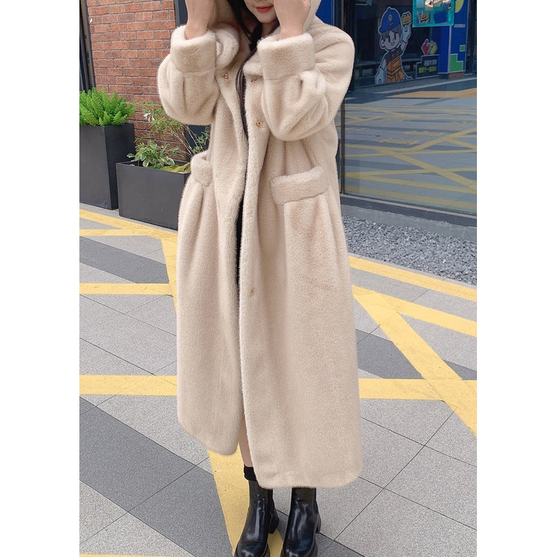 Beige Button Leather And Fur Hooded Maxi Coat Long Sleeve