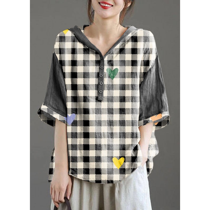 Black Plaid Hooded Patchwork Summer Linen Blouses