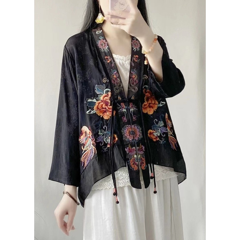 Black Vintage Linen Silk Cardigans Embroideried V Neck Tasseled Spring