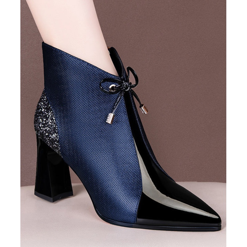 Blue Bow Splicing Zippered Chunky Boots Pointed Toe