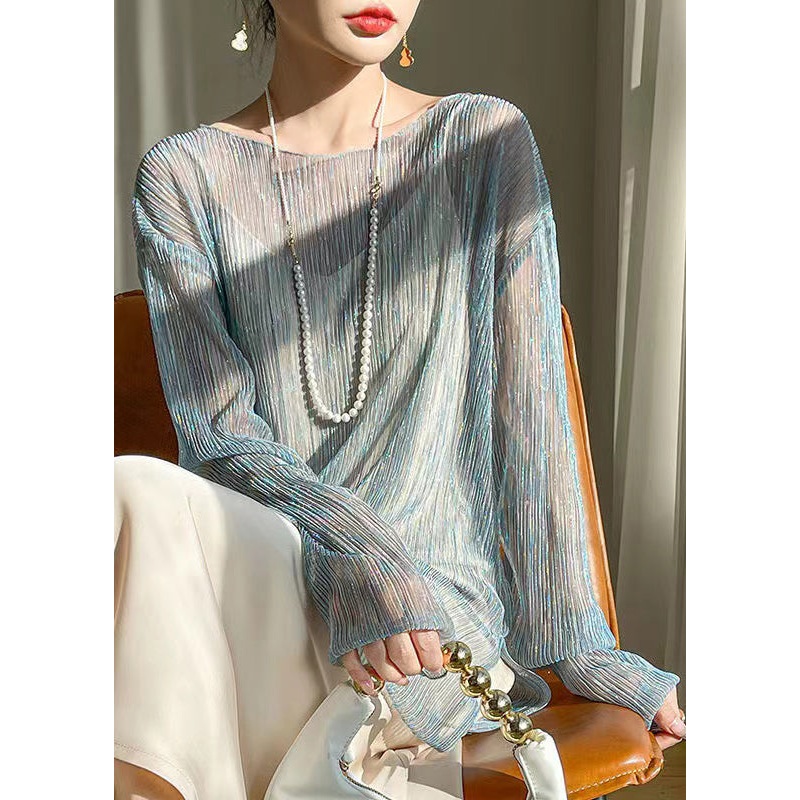 Blue Bright Silk Cozy Tulle Top O Neck Long Sleeve