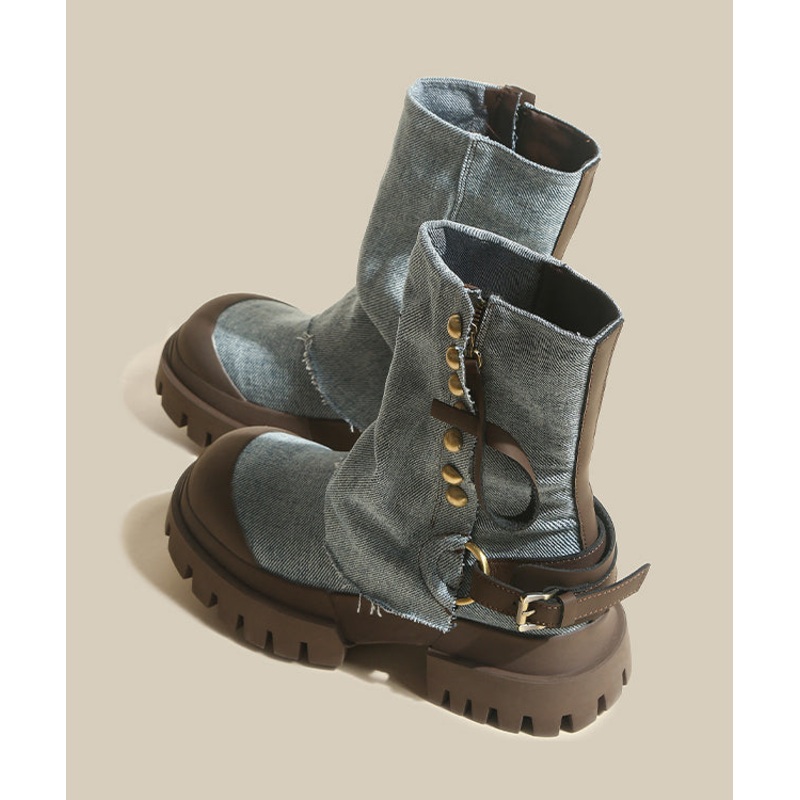 Blue Platform Cowhide Leather Splicing Denim Boots