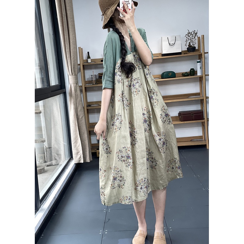 Bohemian Apricot V Neck Print Patchwork Ramie Linen Dresses Summer