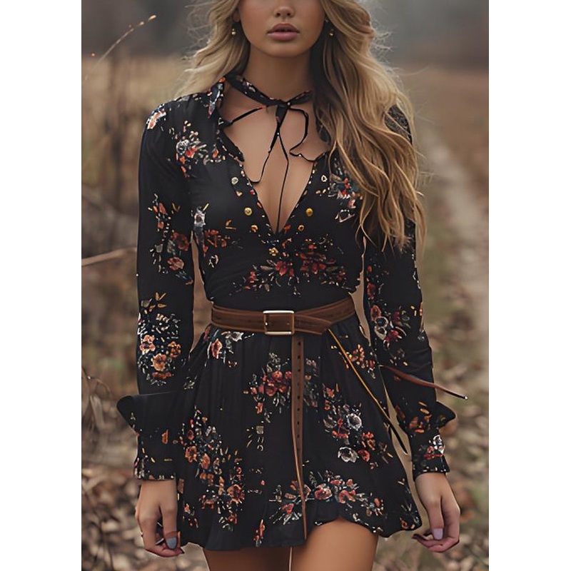 Bohemian Black V Neck Print Cotton Mid Dresses Spring