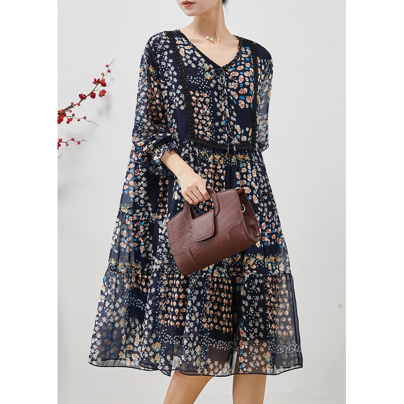 Bohemian Navy Oversized Print Chiffon Mid Dress Summer