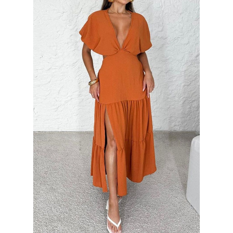 Bohemian Orange V Neck Wrinkled Side Open Cotton Dress Summer