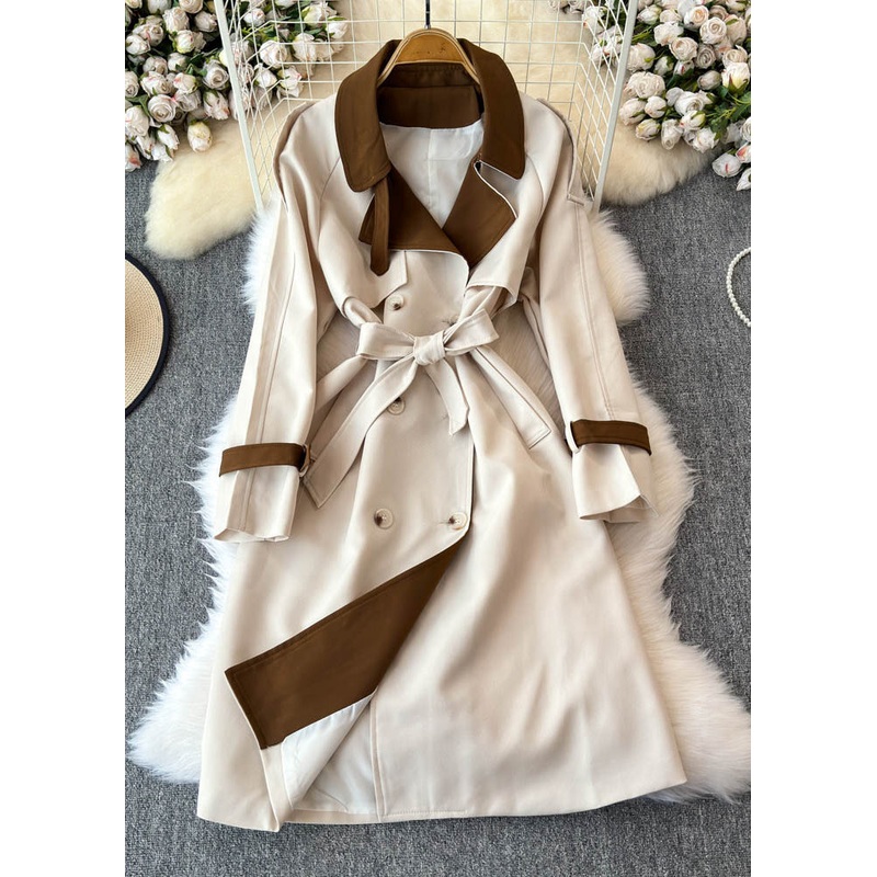 Boho Beige Notched Pockets Button Tie Waist Long Trench Coats Spring