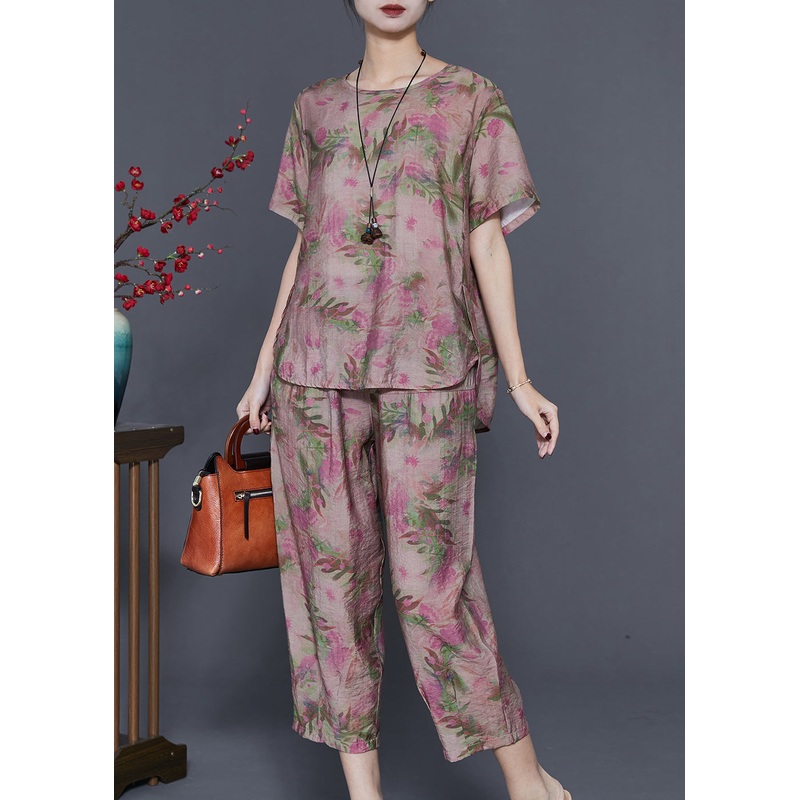 Boutique Purple Oversized Print Linen Two Pieces Set Summer