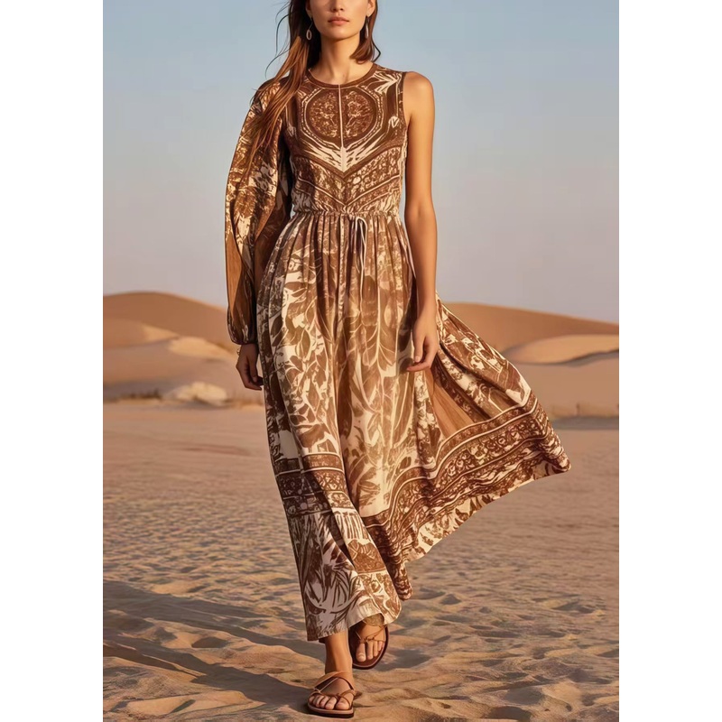 Brown Print Cotton Cinched Dress Asymmetrical Sleeveless