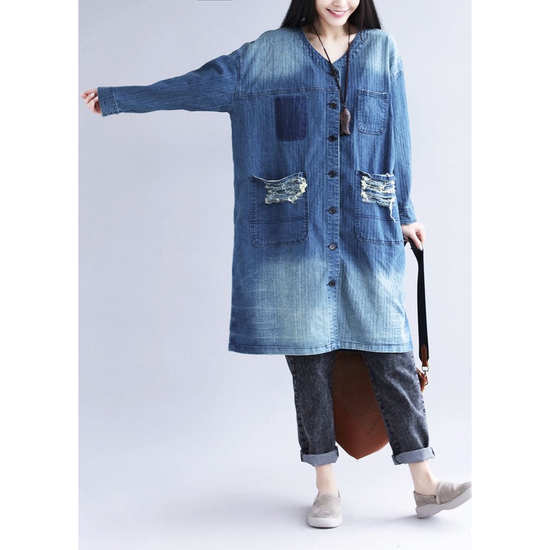 Casual Blue V Neck Ripped Pockets Print Cotton Denim Trench Spring