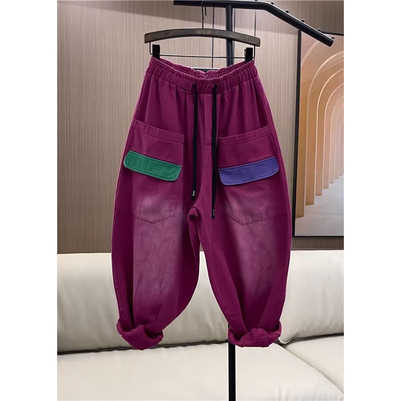 Casual Rose Purple Pockets Elastic Waist Denim Harem Pants Fall