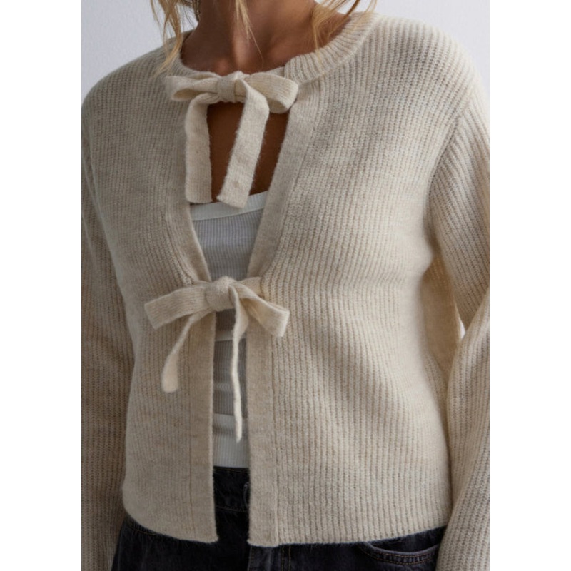 Chic Apricot O Neck Lace Up Knit Loose Coat Fall