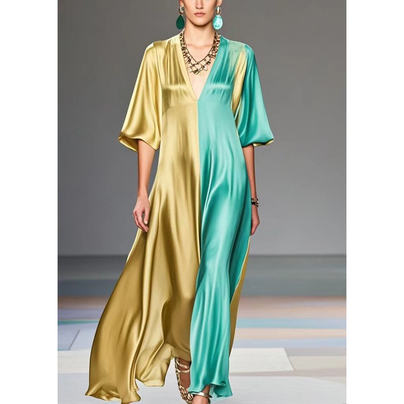 Chic Colorblock V Neck Patchwork Silk Maxi Dresses Summer