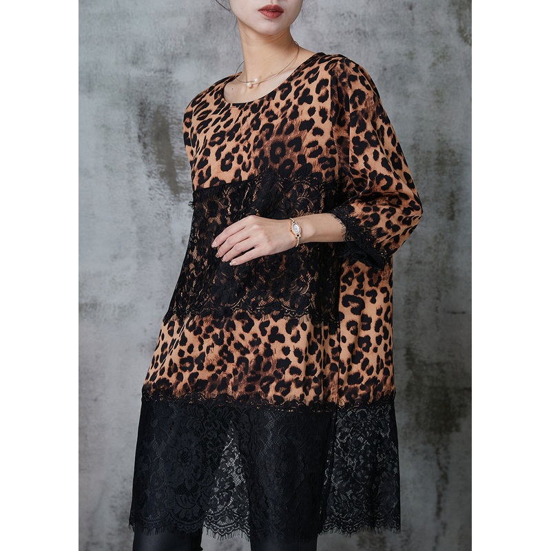 Chic Leopard Patchwork Lace Chiffon Mini Dress Summer