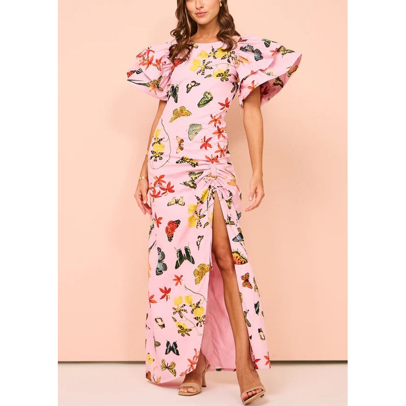 Chic Pink Print Lace Up Side Open Cotton Dresses Butterfly Sleeve