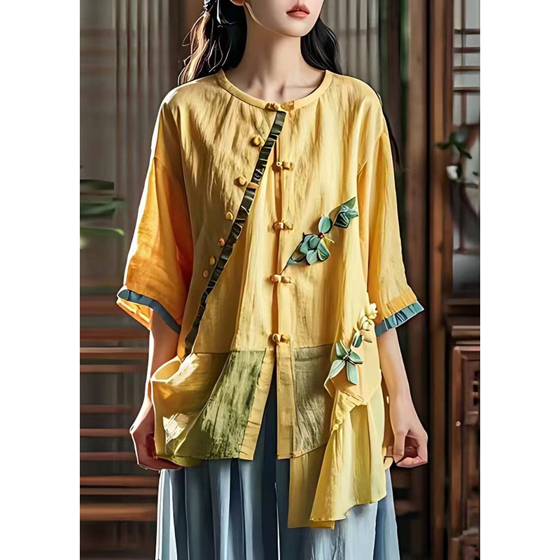 Chic Yellow Asymmetrical Patchwork Wrinkled Shirt Summer