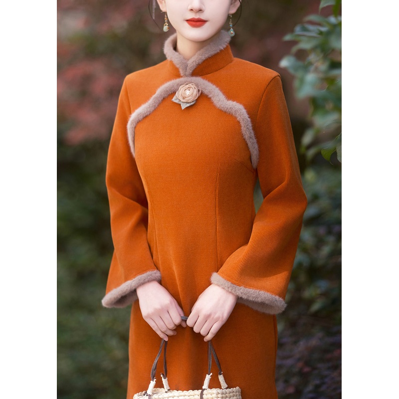 Chinese Style Orange Stand Collar Patchwork Warm Fleece Dresses Long Sleeve