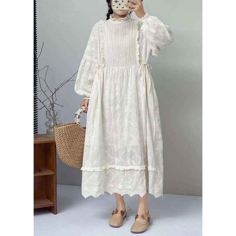 Classy Beige Embroideried Ruffled Lace Up Cotton Long Dress Spring