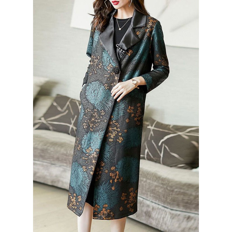 Classy Colorblock Peter Pan Collar Pockets Print Silk Trench Coat Spring