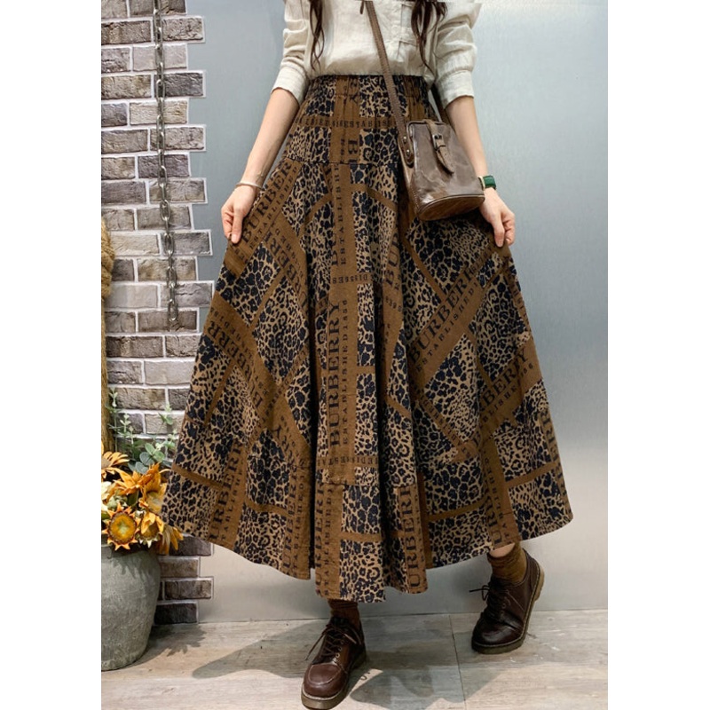 Coffee Pockets Cotton A Line Skirts Elastic Waist