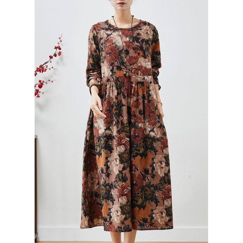 Coffee Print Cotton Cinched Dresses Oversized Spring