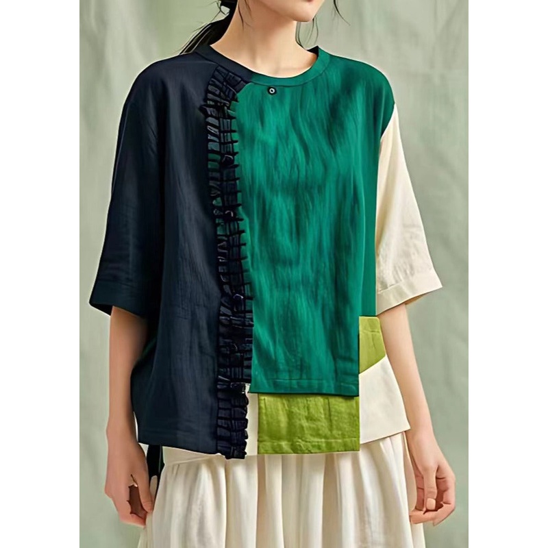 Colorblock Linen Shirt Top Asymmetrical Design Summer