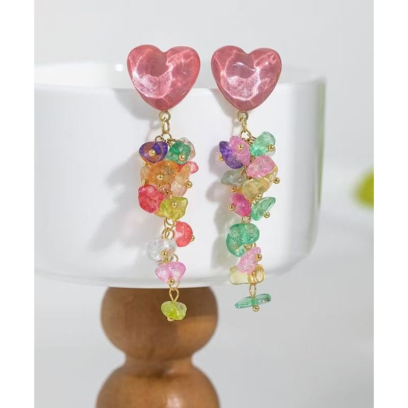 DIY Colorblock Copper Gem Stone Love Tassel Drop Earrings