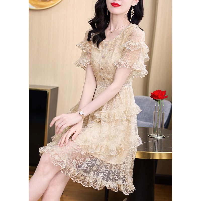 Elegant Khaki Embroidered Ruffled Lace Mid Dress Summer