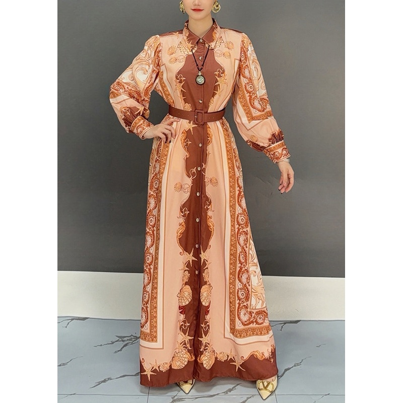 Elegant Orange Peter Pan Collar Print Cotton Maxi Dress Fall