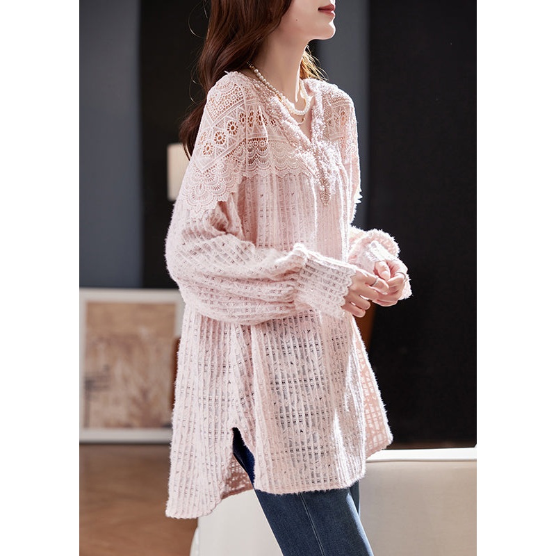 Elegant Pink Nail Bead Hollow Out Lace Shirt Spring