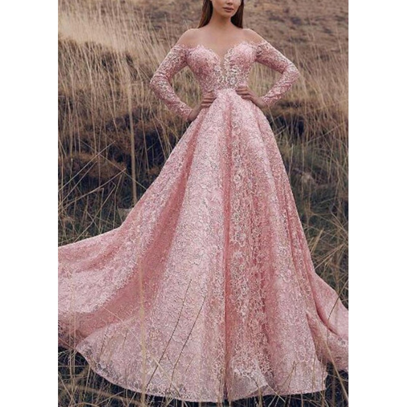 Elegant Pink Slash Neck Lace Ankle Dress Spring