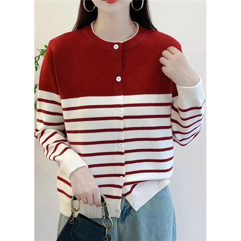 Elegant Red Striped Button Knit Cardigan Fall