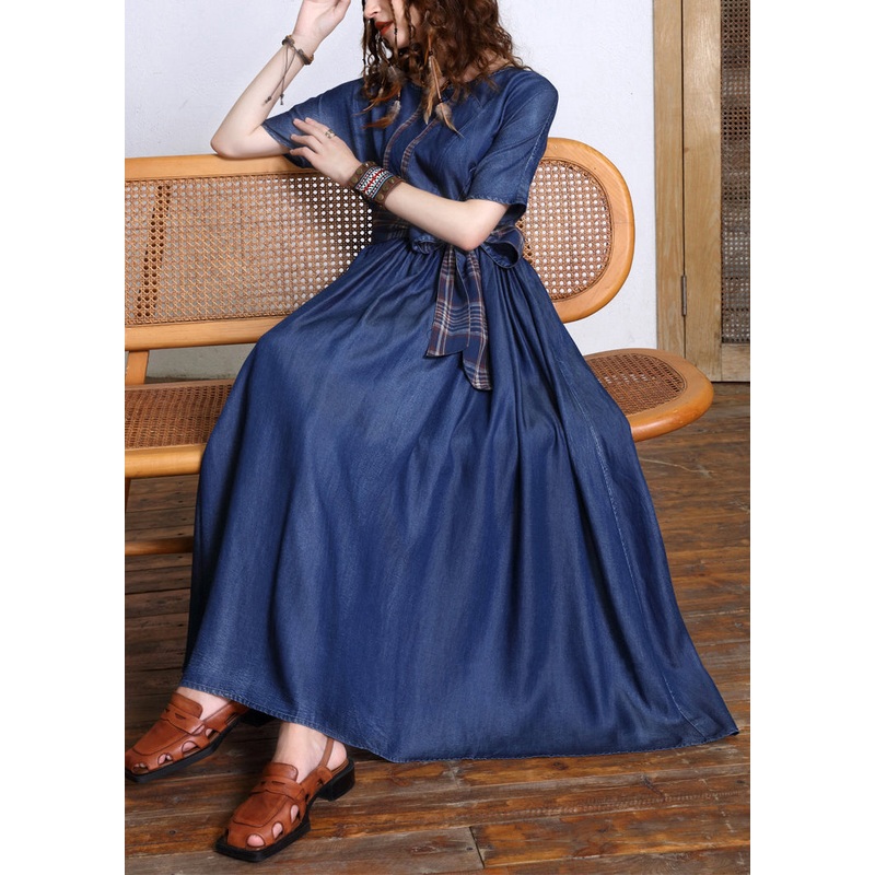 Fashion Navy O-Neck Bow Tie Waist Silk Cotton Denim Maxi Dresses Short Sleeve