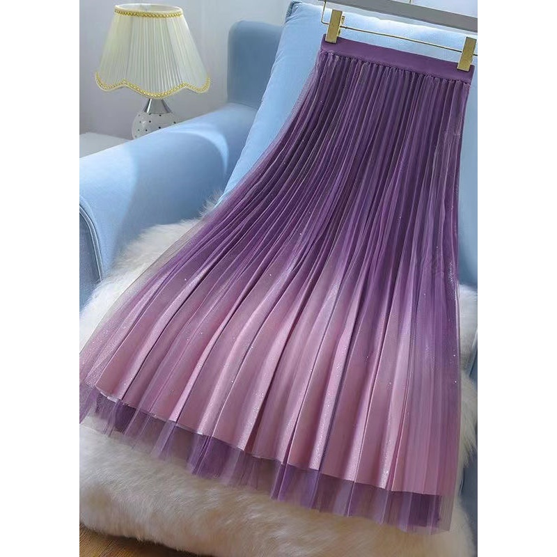 Fashion Purple Gradient Wrinkled High Waist Tulle Skirt Spring